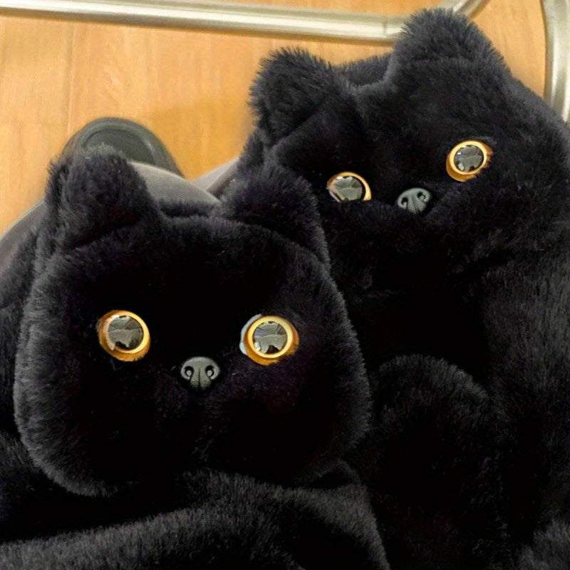 Charming Black Cat Plush Gloves for Women - Cozy & Warm Winter Accessory with Detachable Drawstring, Perfect for Casual Outings and Cycling